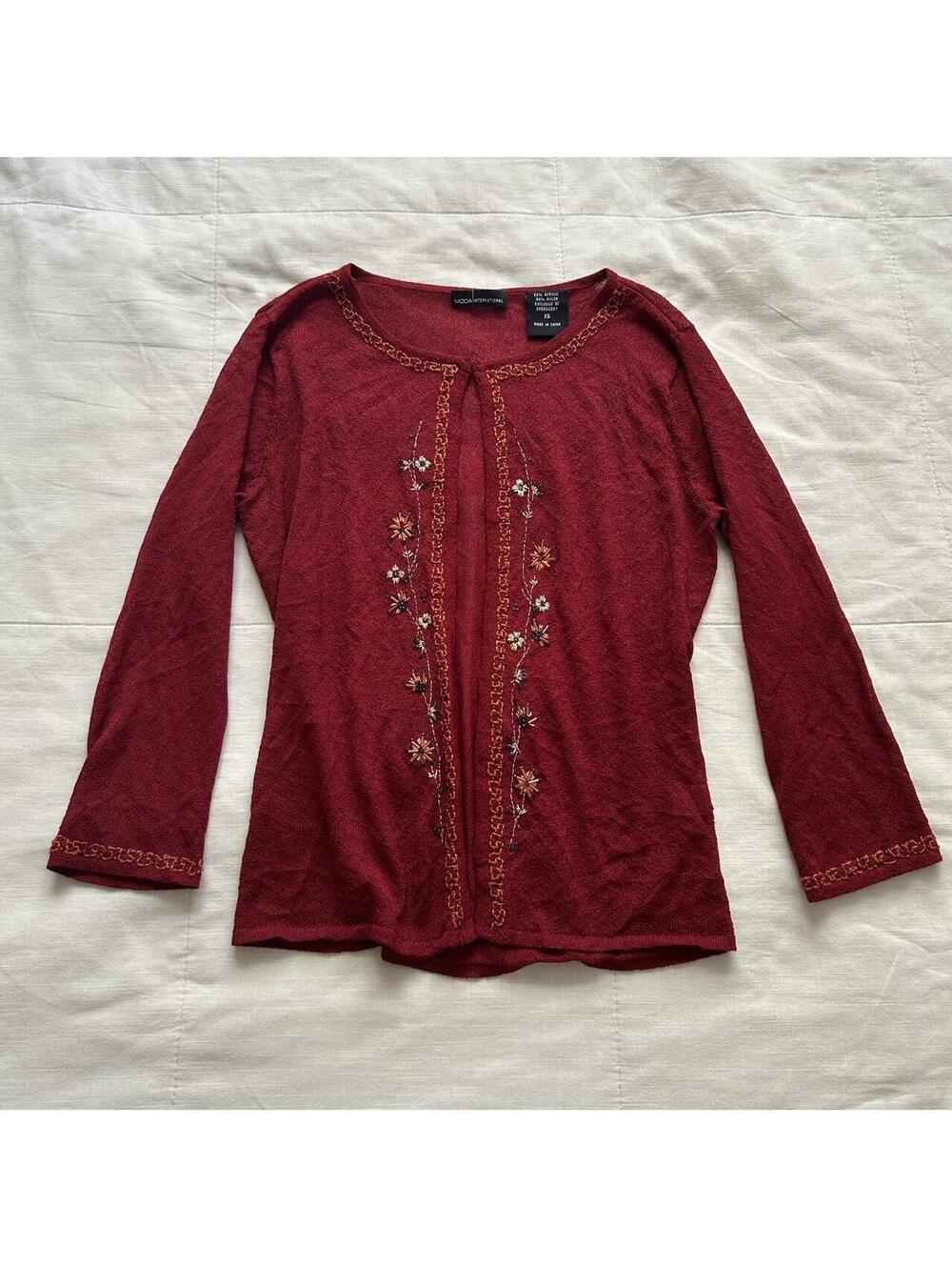Moda International Burgundy Floral Embroidered Beaded Cardigan Size XS
